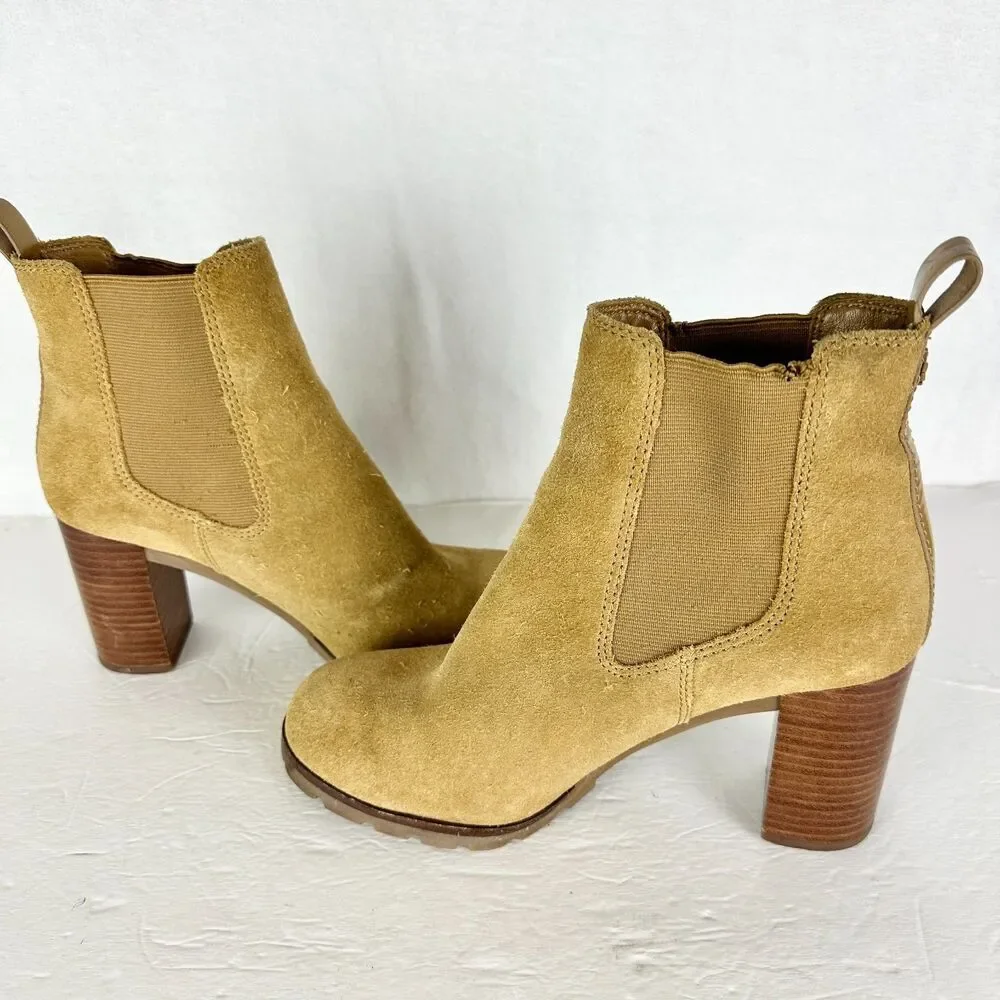 Tory Burch Stafford Suede Ankle Boots Size 8 Tan Beige Pull On Wood Block Heel